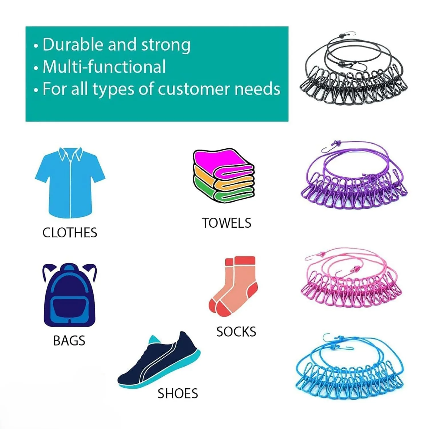 Cloth Drying Rope with 12 Clips | Elastic Hanging Rope for Indoor & Outdoor Clothes Drying | Travel-Friendly & Space-Saving Clothesline | Kapde Sukhane Ki Rassi - Image 7