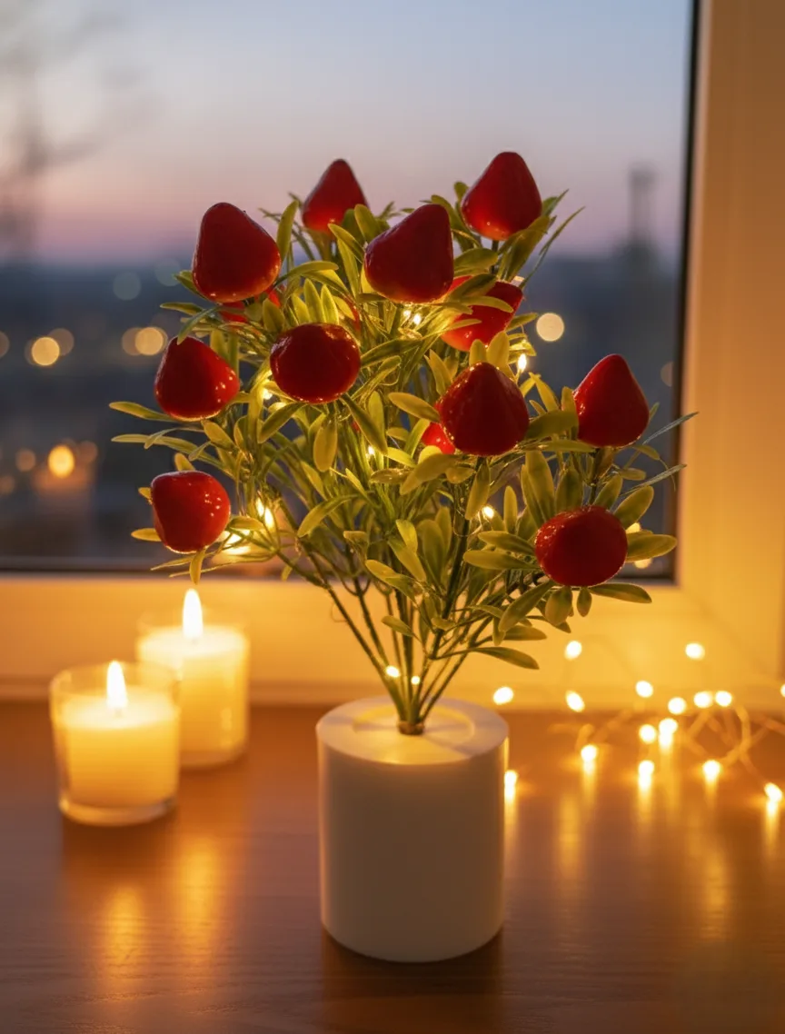 Enchanted Strawberry Bloom LED Potted Plant | Realistic Artificial Fruit & Foliage with Warm Glow Lights | Battery Operated | Charming Home Decor, Gift & Table Centerpiece - Image 2