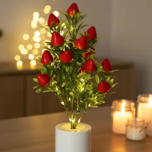 Enchanted Strawberry Bloom LED Potted Plant | Realistic Artificial Fruit & Foliage with Warm Glow Lights | Battery Operated | Charming Home Decor, Gift & Table Centerpiece