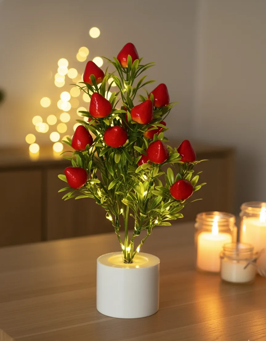 Enchanted Strawberry Bloom LED Potted Plant | Realistic Artificial Fruit & Foliage with Warm Glow Lights | Battery Operated | Charming Home Decor, Gift & Table Centerpiece