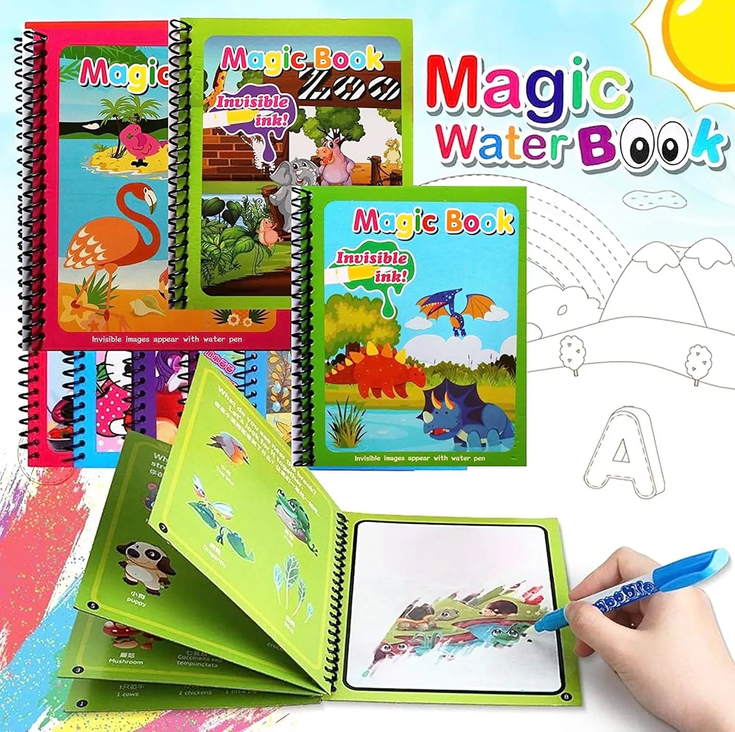 AquaMagic Drawing Book for Kids - 4 Theme Reusable Water Reveal Activity Books with Water Pen | Educational Toy That Develops Fine Motor Skills, Creativity & Early Learning | Mess-Free Art Gift - Image 3