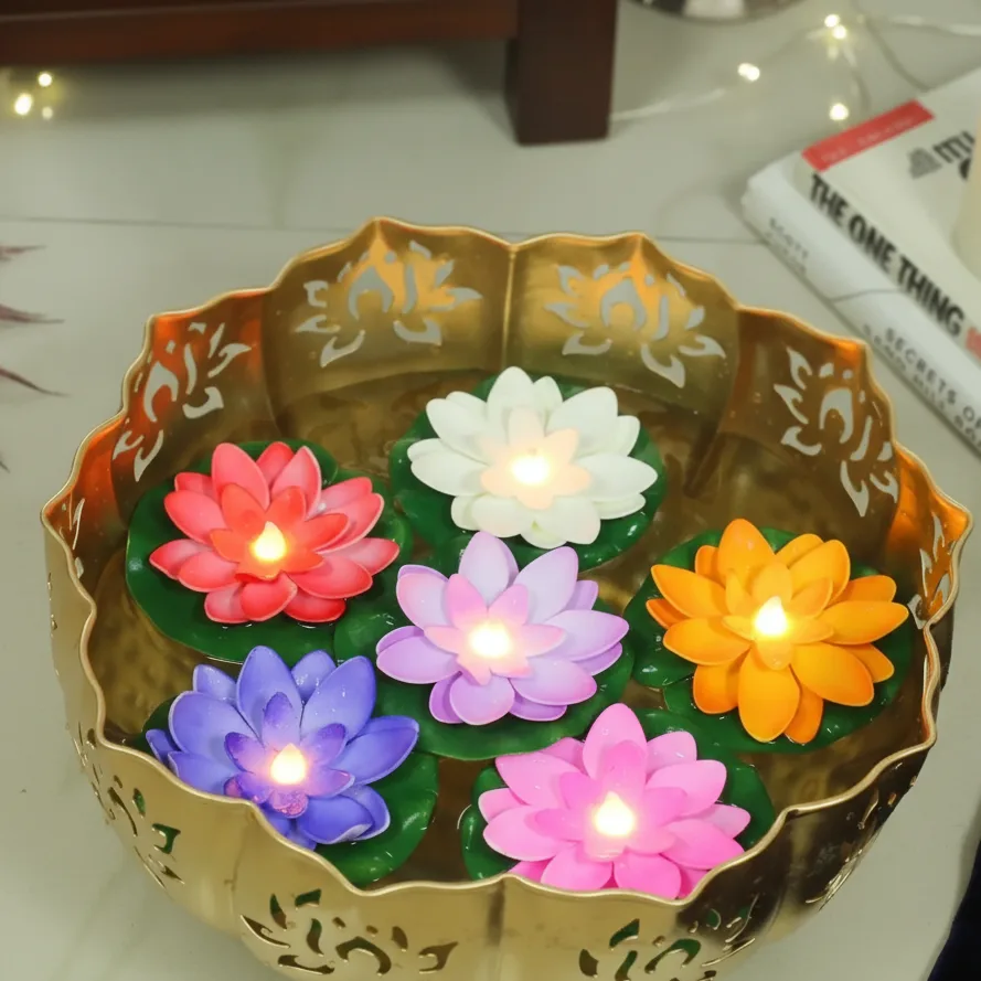 Floating Lotus LED Candles Set of 6 - Water-Activated Multicolor Flameless Tea Lights with Auto-On Sensor for Diwali, Pools, Parties & Home Decor